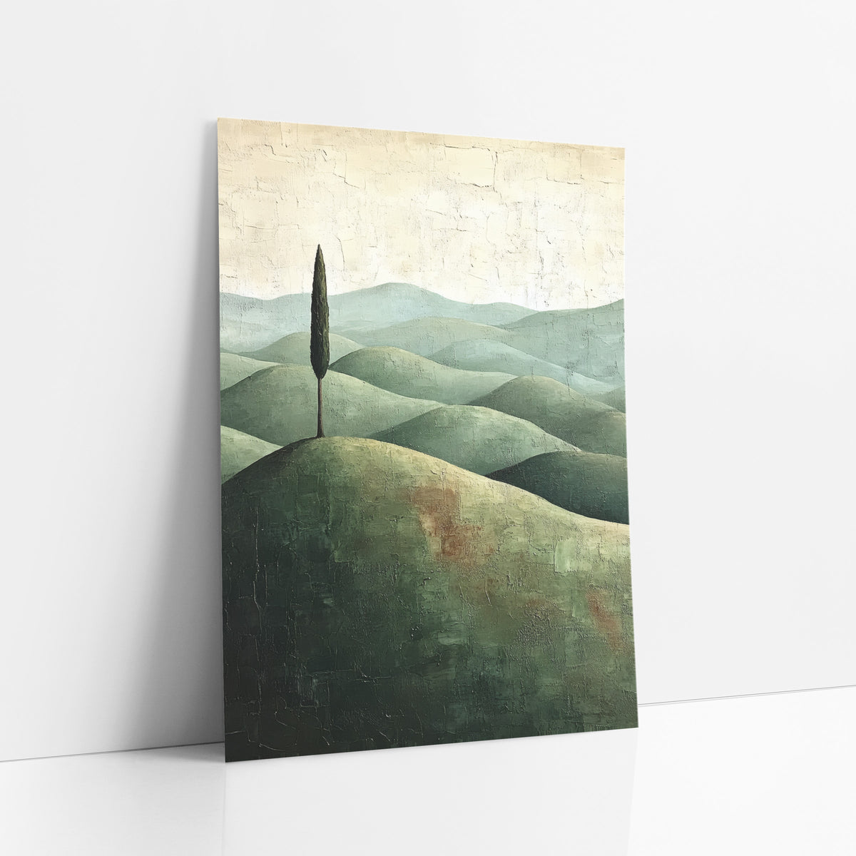 Tall Cypress Sage Ridges Cracked art print leaning against a white wall – single tall cypress on a rounded olive hill