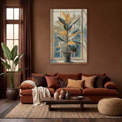 Sunlit Rubber Plant Windowsill Botanical wall art in a warm boho-style room – potted rubber plant with golden