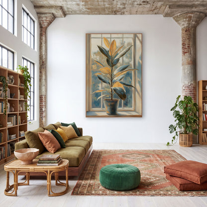 Sunlit Rubber Plant Windowsill Botanical wall art in a warm boho-style room – potted rubber plant with golden