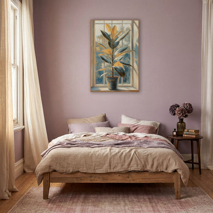 Sunlit Rubber Plant Windowsill Botanical wall art in a warm boho-style room – potted rubber plant with golden