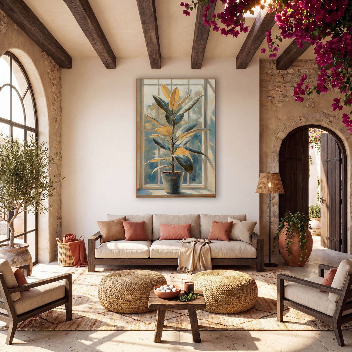 Sunlit Rubber Plant Windowsill Botanical wall art in a warm boho-style room – potted rubber plant with golden