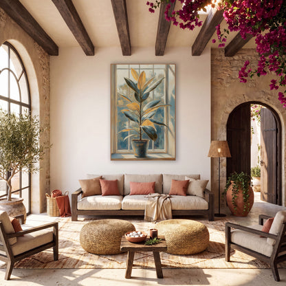 Sunlit Rubber Plant Windowsill Botanical wall art in a warm boho-style room – potted rubber plant with golden