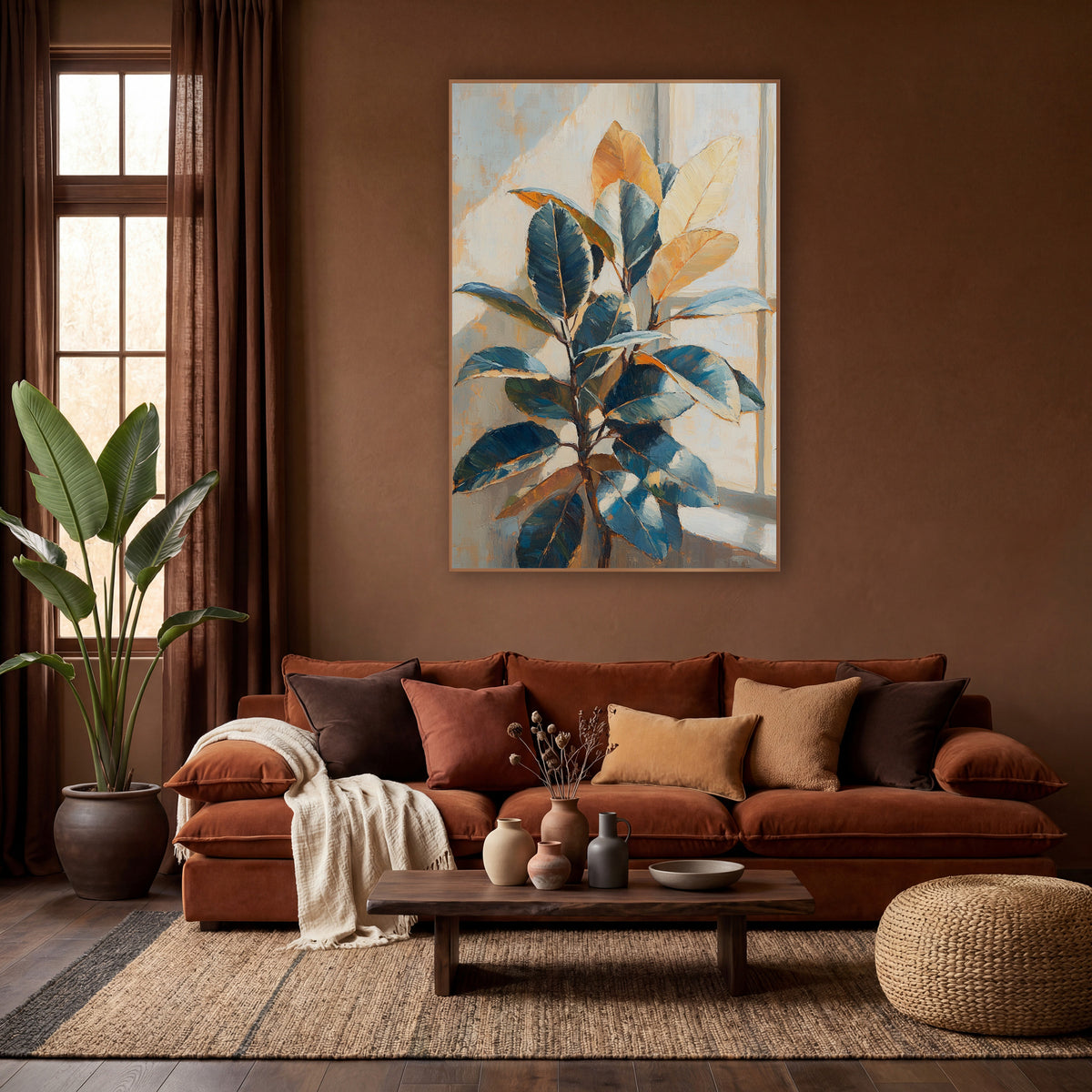 Sunlit Rubber Plant Window Botanical wall art in a warm boho-style room – rubber plant with glossy blue and golden