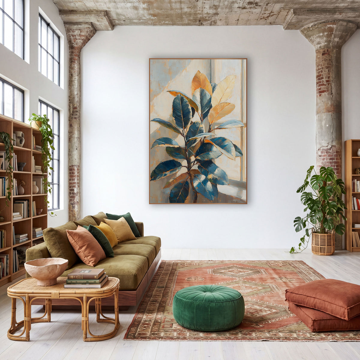 Sunlit Rubber Plant Window Botanical wall art in a warm boho-style room – rubber plant with glossy blue and golden