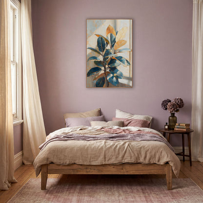 Sunlit Rubber Plant Window Botanical wall art in a warm boho-style room – rubber plant with glossy blue and golden