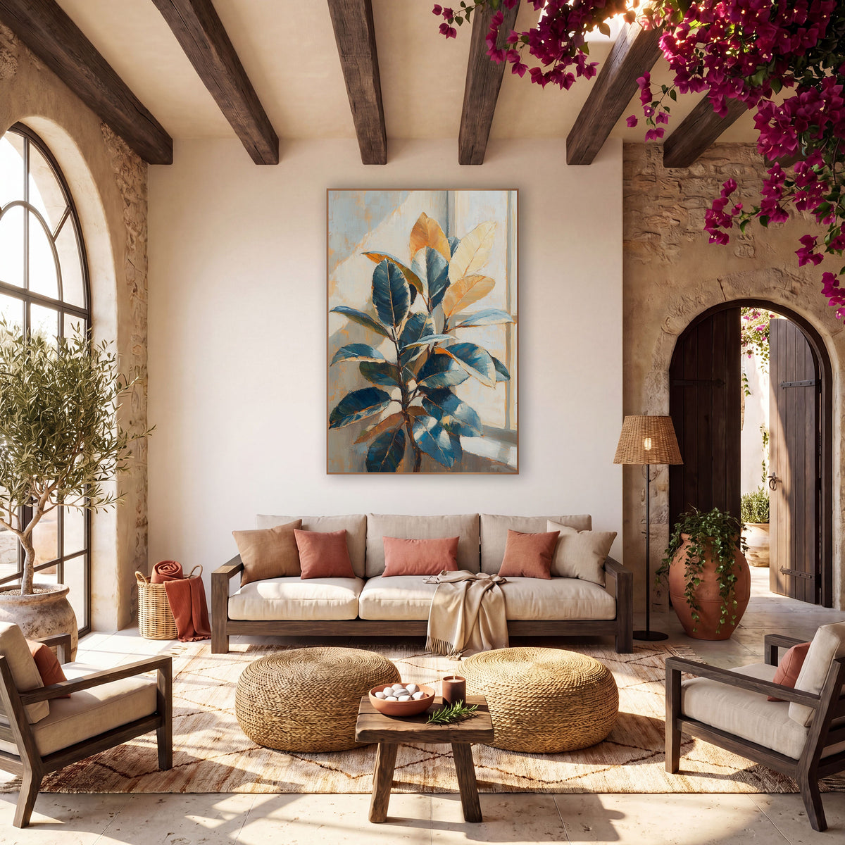 Sunlit Rubber Plant Window Botanical wall art in a warm boho-style room – rubber plant with glossy blue and golden