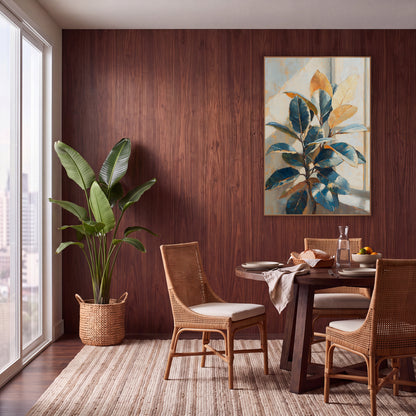 Sunlit Rubber Plant Window Botanical wall art in a warm boho-style room – rubber plant with glossy blue and golden