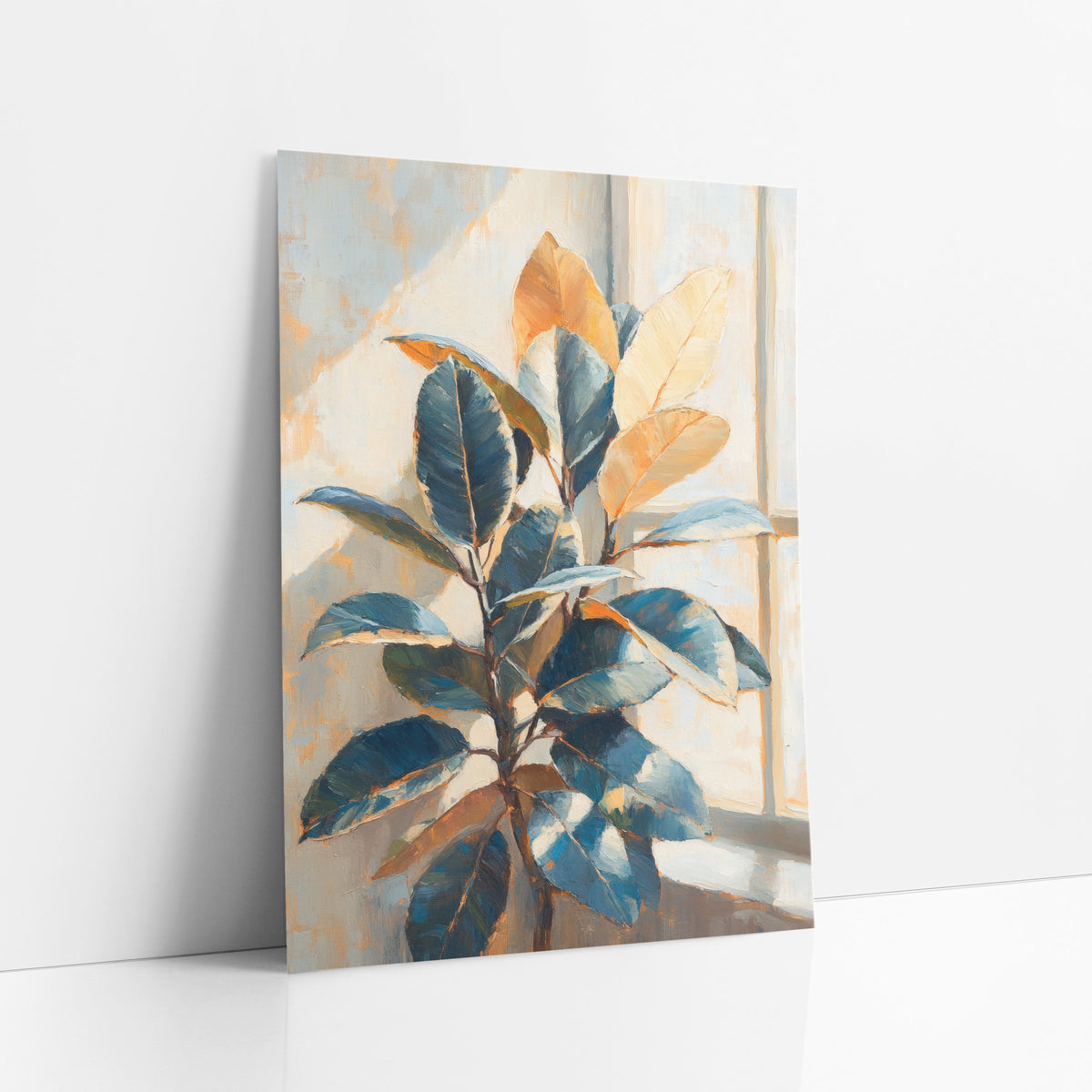 Sunlit Rubber Plant Window Botanical art print leaning against a white wall – rubber plant with glossy blue and golden leaves
