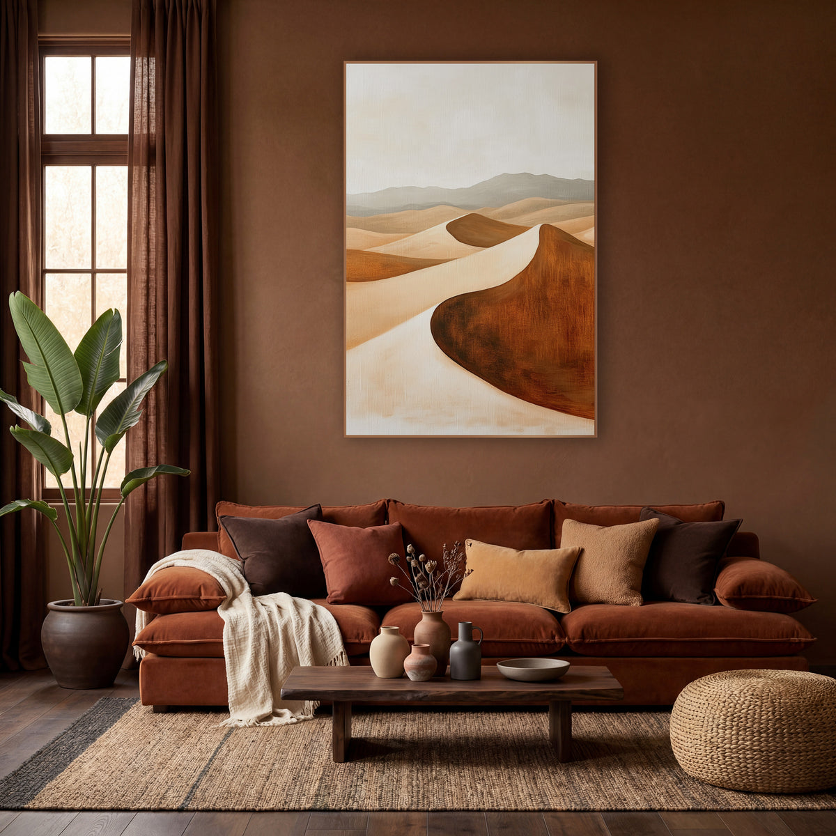 Rust Desert Dunes Minimalist Landscape wall art in a warm boho-style room – boho desert landscape of curved sand dunes