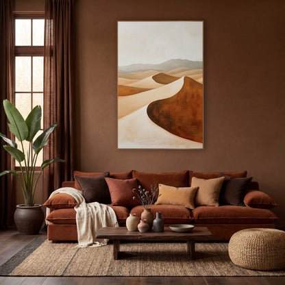 Rust Desert Dunes Minimalist Landscape wall art in a warm boho-style room – boho desert landscape of curved sand dunes