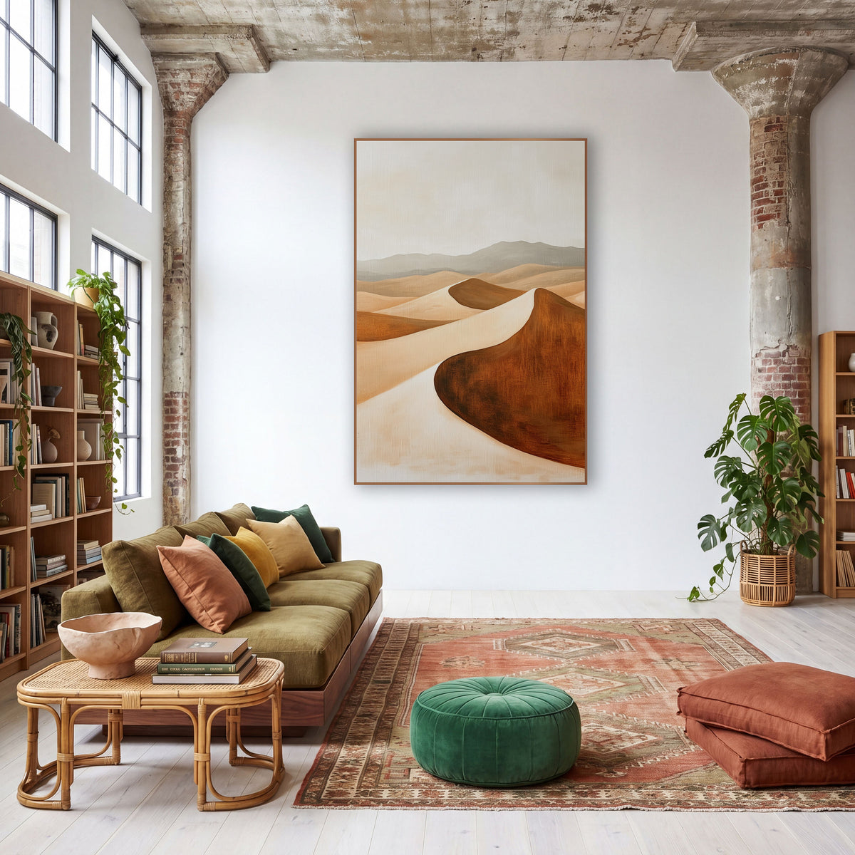 Rust Desert Dunes Minimalist Landscape wall art in a warm boho-style room – boho desert landscape of curved sand dunes