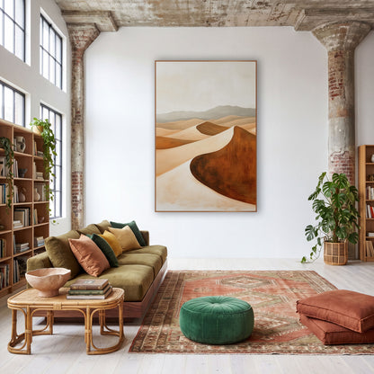 Rust Desert Dunes Minimalist Landscape wall art in a warm boho-style room – boho desert landscape of curved sand dunes