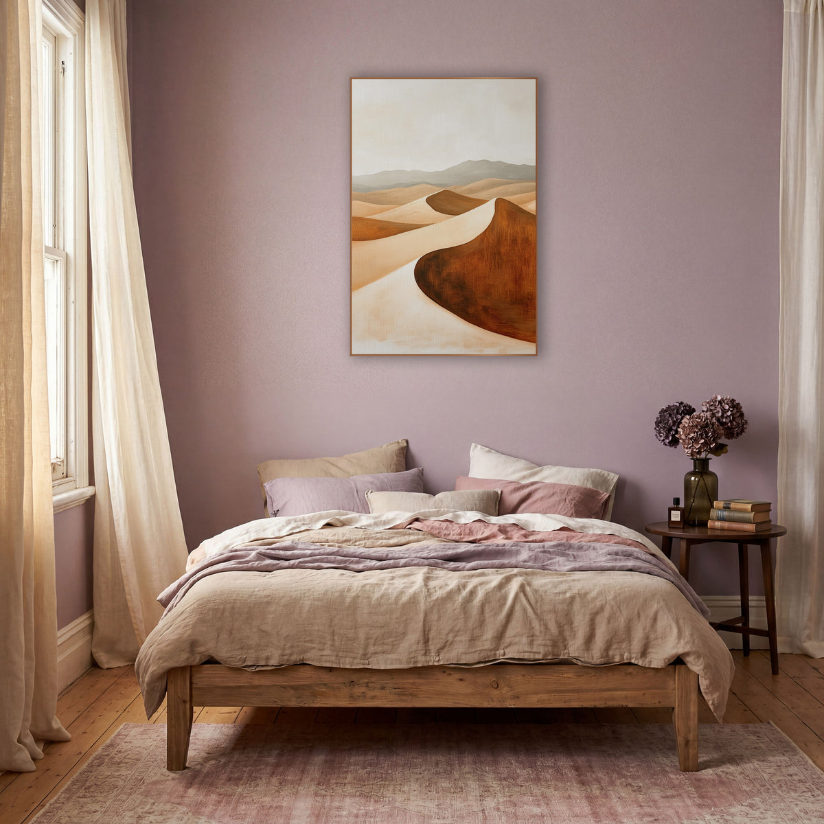 Rust Desert Dunes Minimalist Landscape wall art in a warm boho-style room – boho desert landscape of curved sand dunes