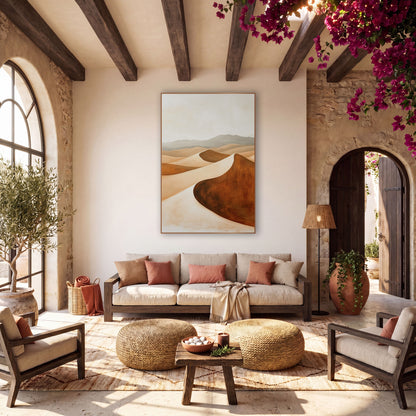 Rust Desert Dunes Minimalist Landscape wall art in a warm boho-style room – boho desert landscape of curved sand dunes