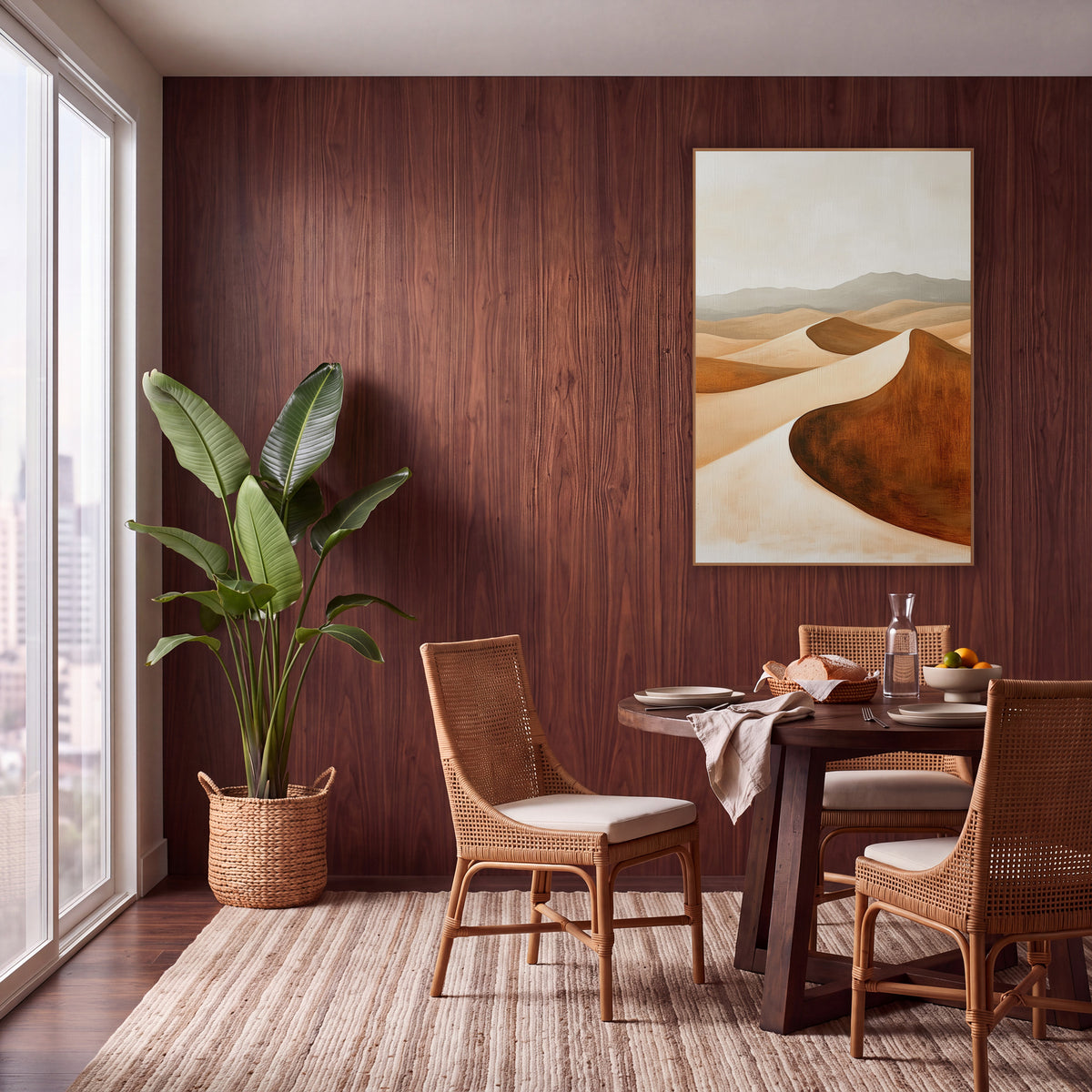 Rust Desert Dunes Minimalist Landscape wall art in a warm boho-style room – boho desert landscape of curved sand dunes