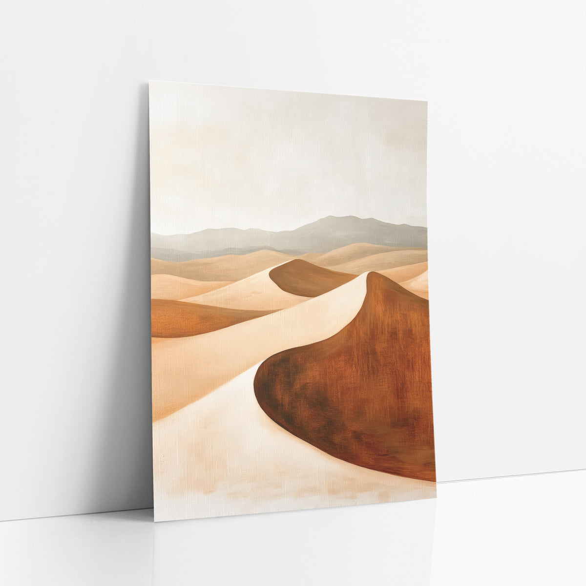 Rust Desert Dunes Minimalist Landscape art print leaning against a white wall – boho desert landscape of curved sand dunes