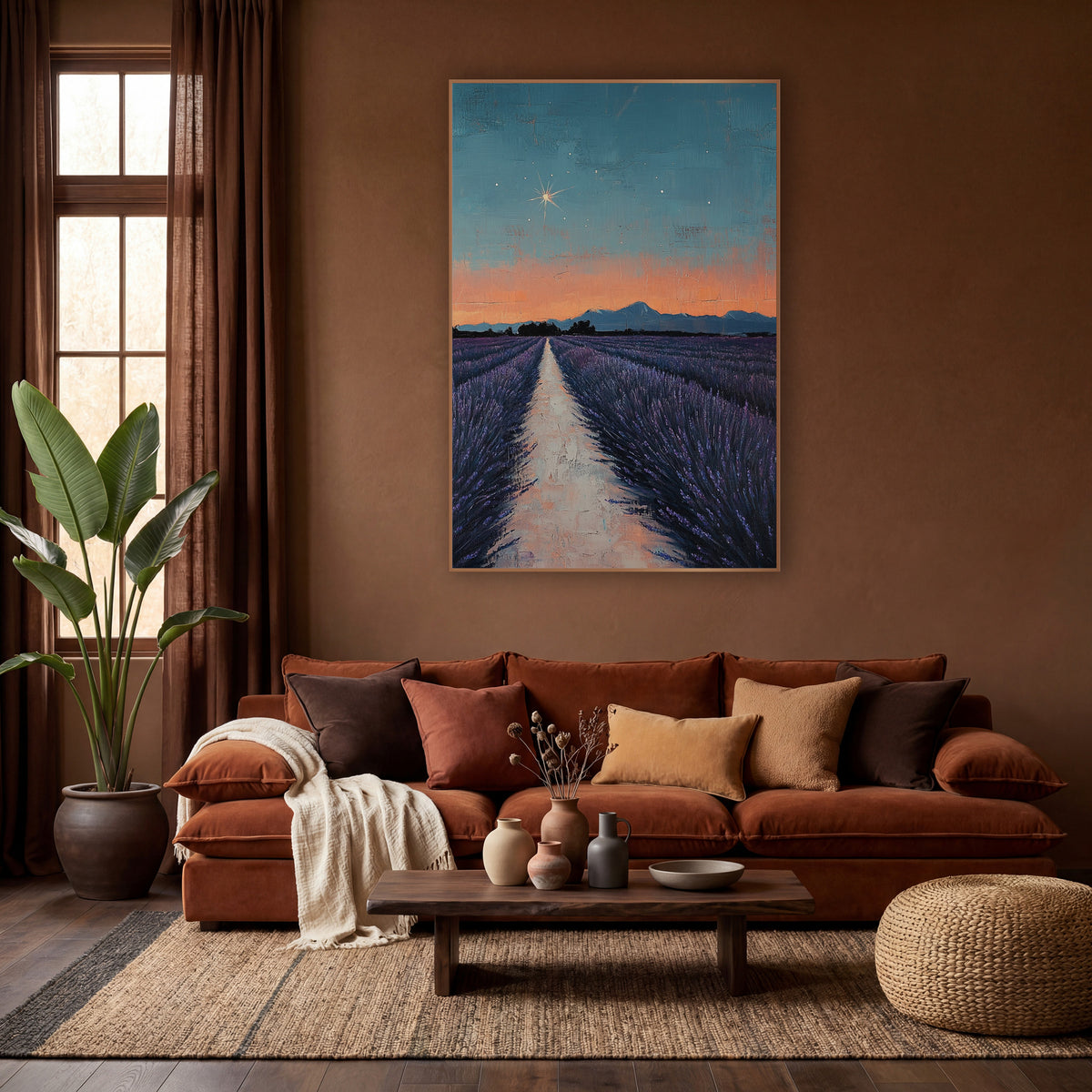 Starlit Lavender Field Landscape wall art in a warm boho-style room – lavender field rows along a pale path toward