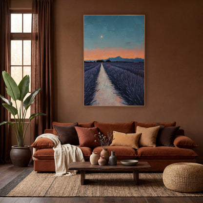 Starlit Lavender Field Landscape wall art in a warm boho-style room – lavender field rows along a pale path toward