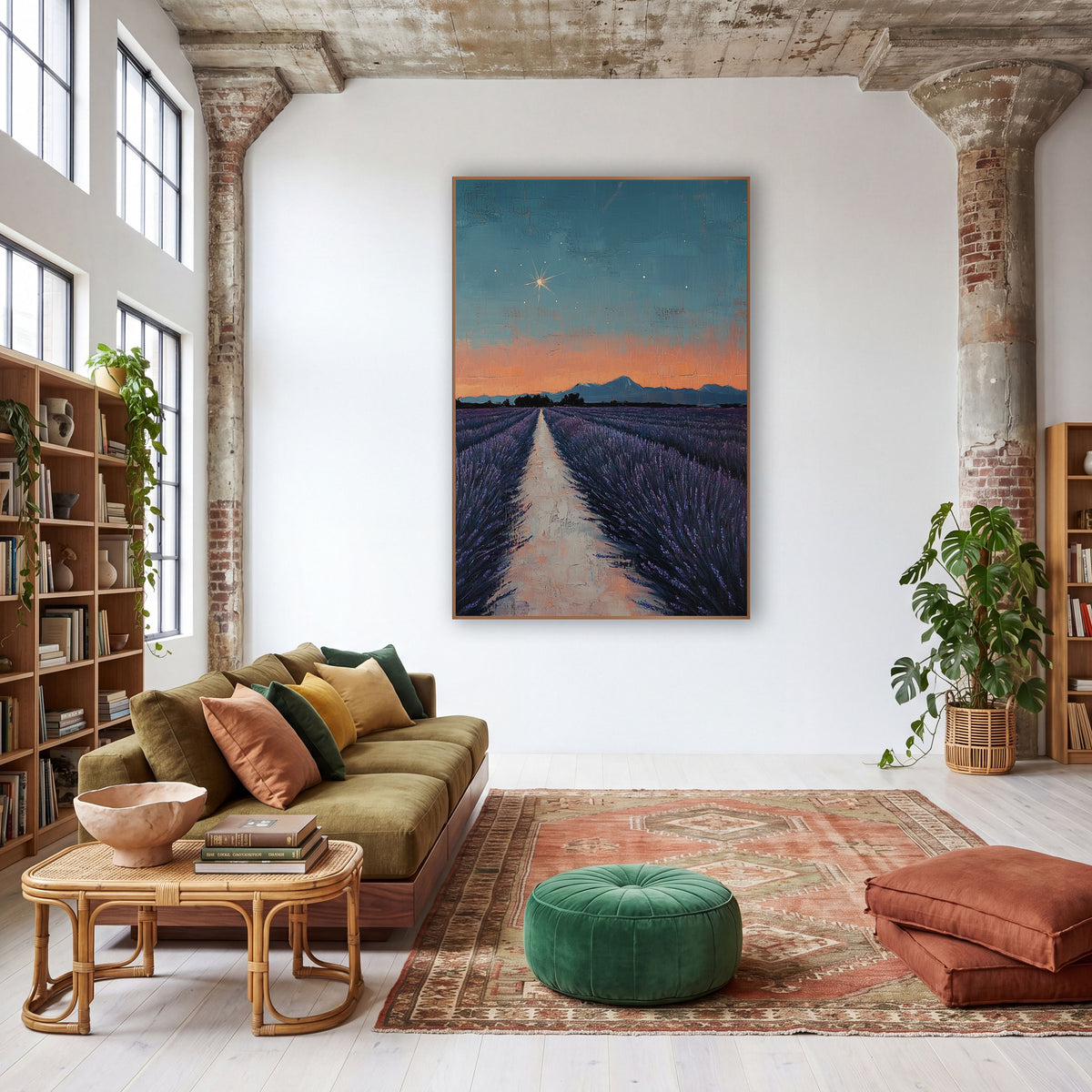 Starlit Lavender Field Landscape wall art in a warm boho-style room – lavender field rows along a pale path toward