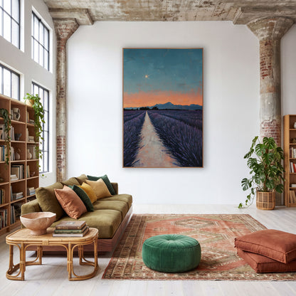 Starlit Lavender Field Landscape wall art in a warm boho-style room – lavender field rows along a pale path toward