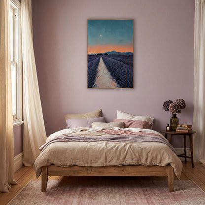 Starlit Lavender Field Landscape wall art in a warm boho-style room – lavender field rows along a pale path toward