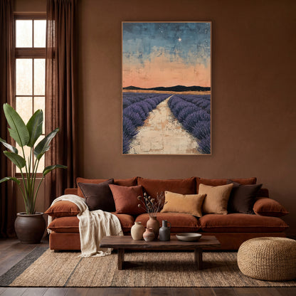 Starry Lavender Field Boho Landscape wall art in a warm boho-style room – purple lavender rows along a pale path