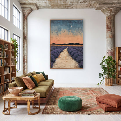 Starry Lavender Field Boho Landscape wall art in a warm boho-style room – purple lavender rows along a pale path