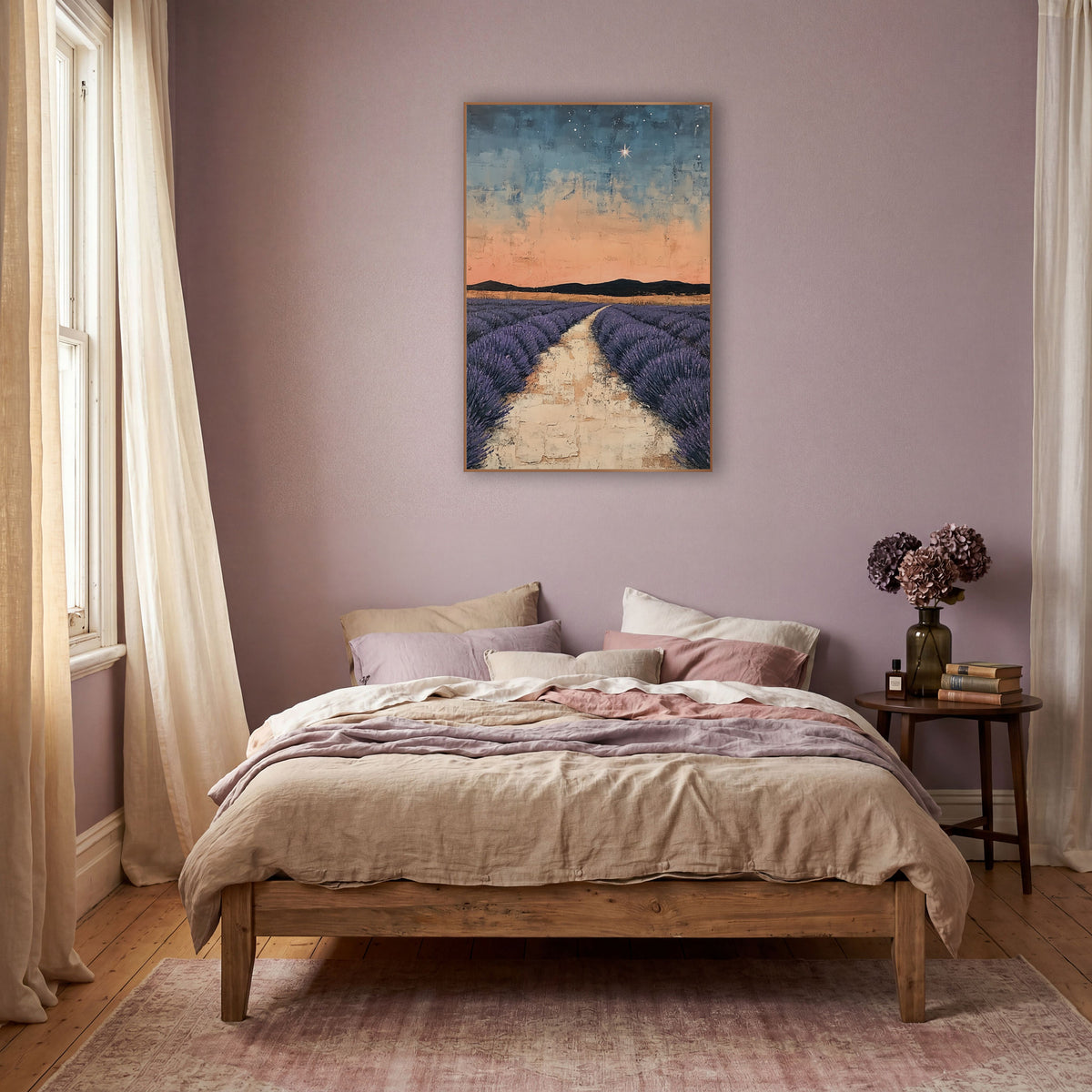 Starry Lavender Field Boho Landscape wall art in a warm boho-style room – purple lavender rows along a pale path