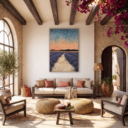Starry Lavender Field Boho Landscape wall art in a warm boho-style room – purple lavender rows along a pale path