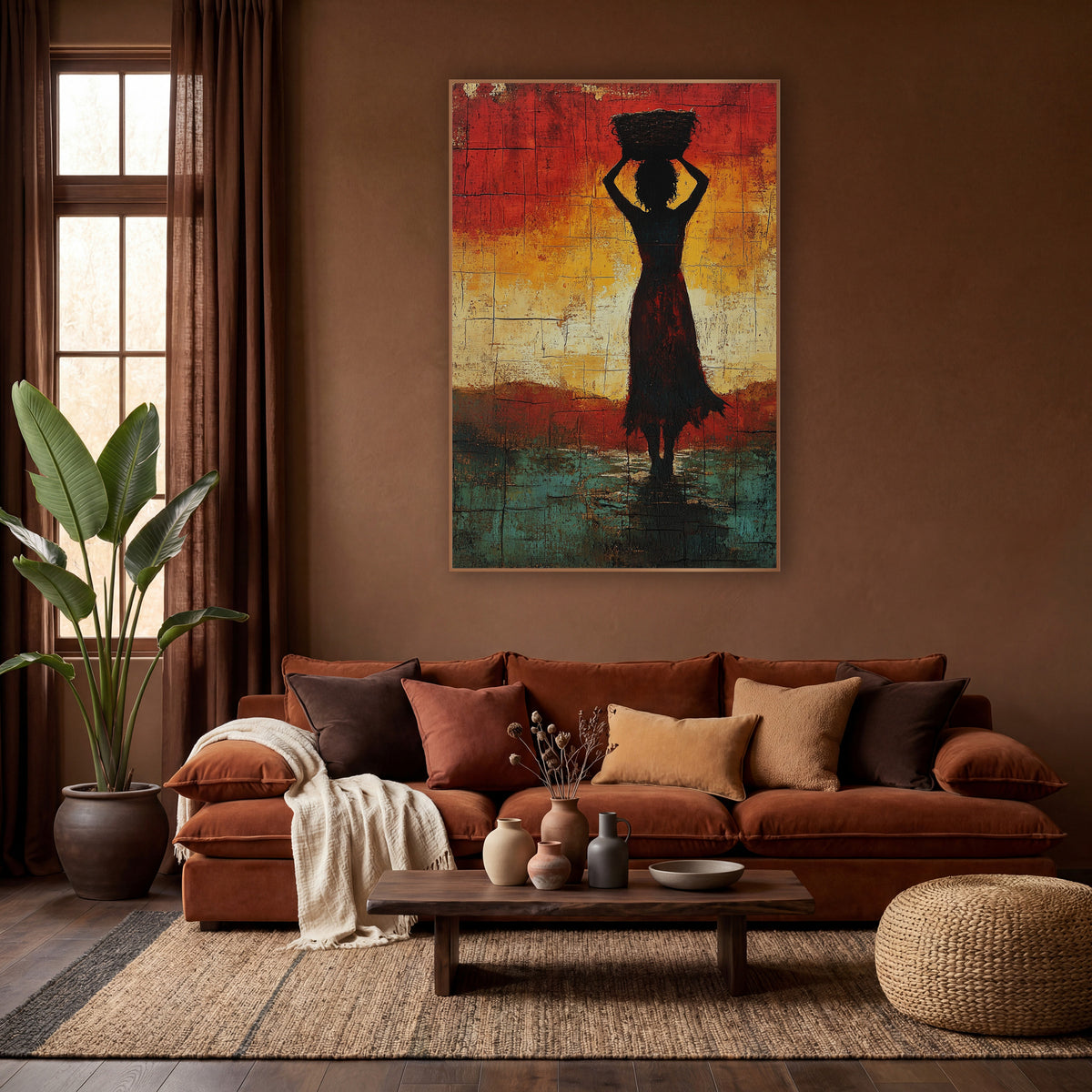 Woman With Basket Silhouette Abstract wall art in a warm boho-style room – silhouette of a woman holding a basket