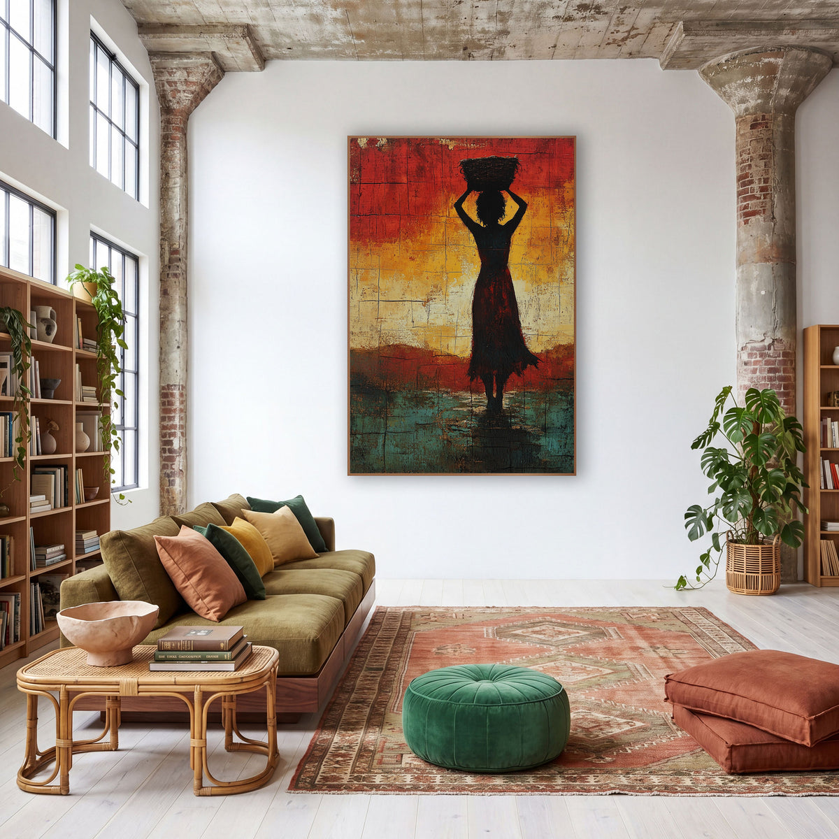 Woman With Basket Silhouette Abstract wall art in a warm boho-style room – silhouette of a woman holding a basket