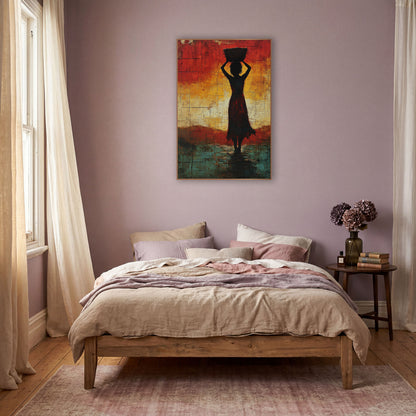 Woman With Basket Silhouette Abstract wall art in a warm boho-style room – silhouette of a woman holding a basket