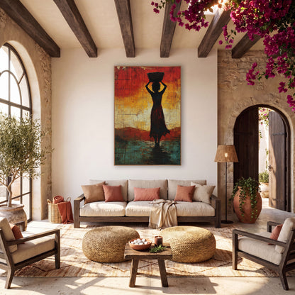 Woman With Basket Silhouette Abstract wall art in a warm boho-style room – silhouette of a woman holding a basket