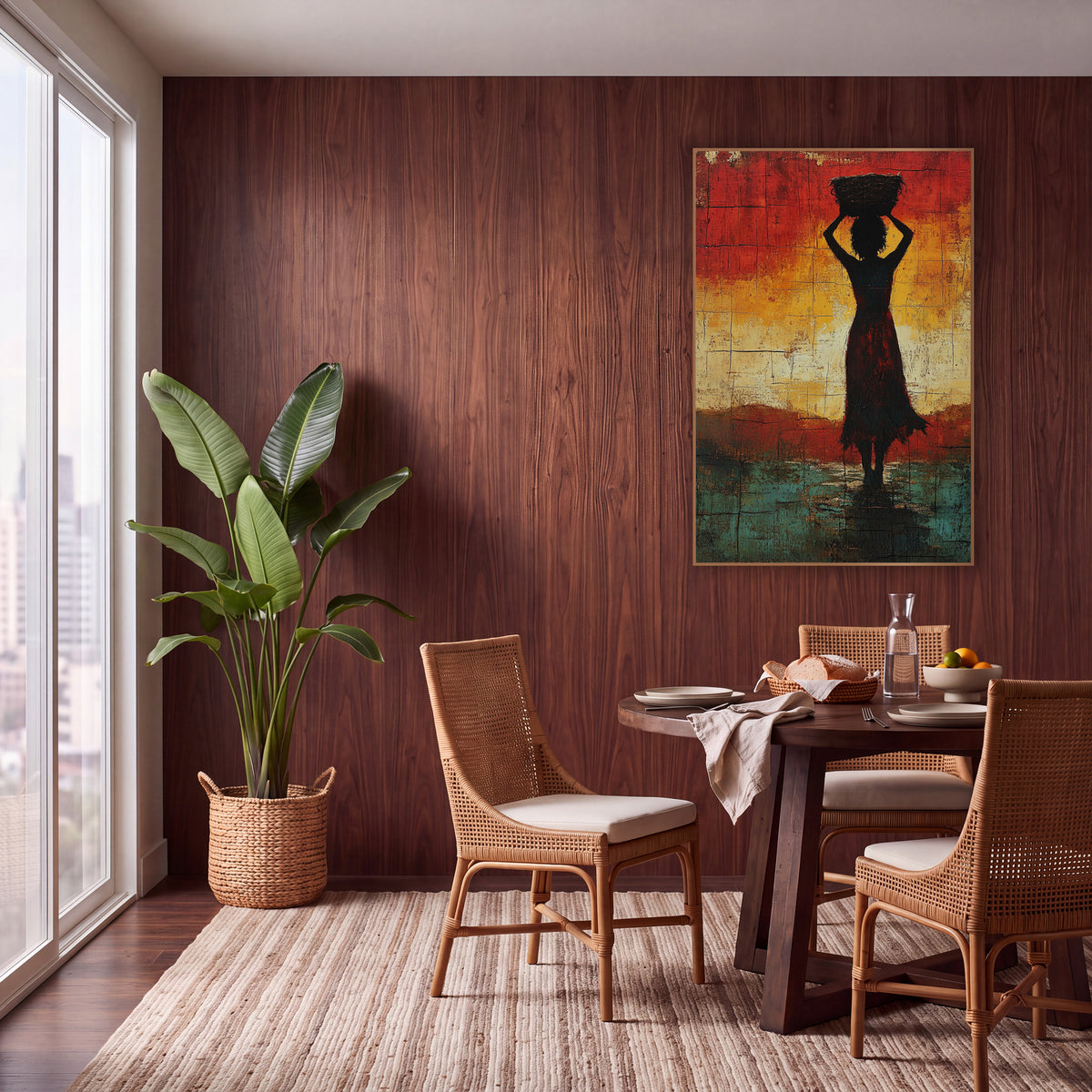 Woman With Basket Silhouette Abstract wall art in a warm boho-style room – silhouette of a woman holding a basket