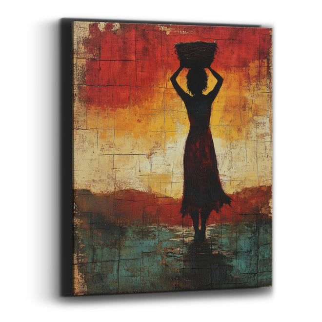 Woman With Basket Silhouette Abstract Canvas Wall Art