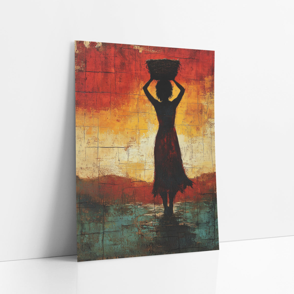 Woman With Basket Silhouette Abstract art print leaning against a white wall – silhouette of a woman holding a basket