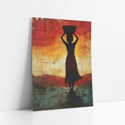 Woman With Basket Silhouette Abstract art print leaning against a white wall – silhouette of a woman holding a basket