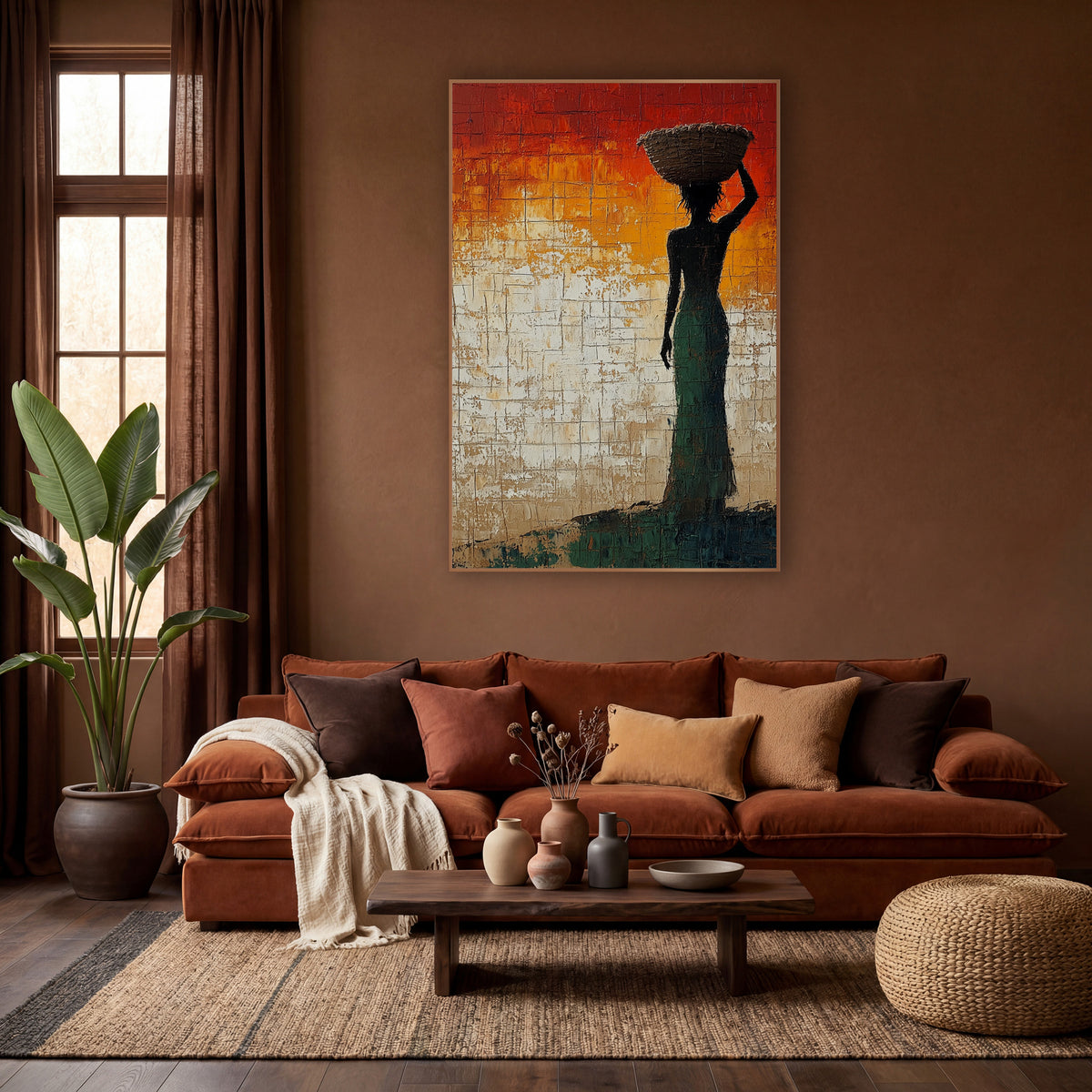 Woman With Basket Silhouette Sunset Tones wall art in a warm boho-style room – dark silhouette of a woman in a green