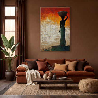 Woman With Basket Silhouette Sunset Tones wall art in a warm boho-style room – dark silhouette of a woman in a green