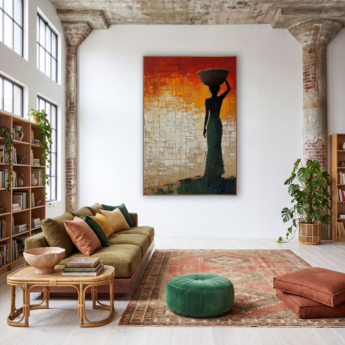 Woman With Basket Silhouette Sunset Tones wall art in a warm boho-style room – dark silhouette of a woman in a green