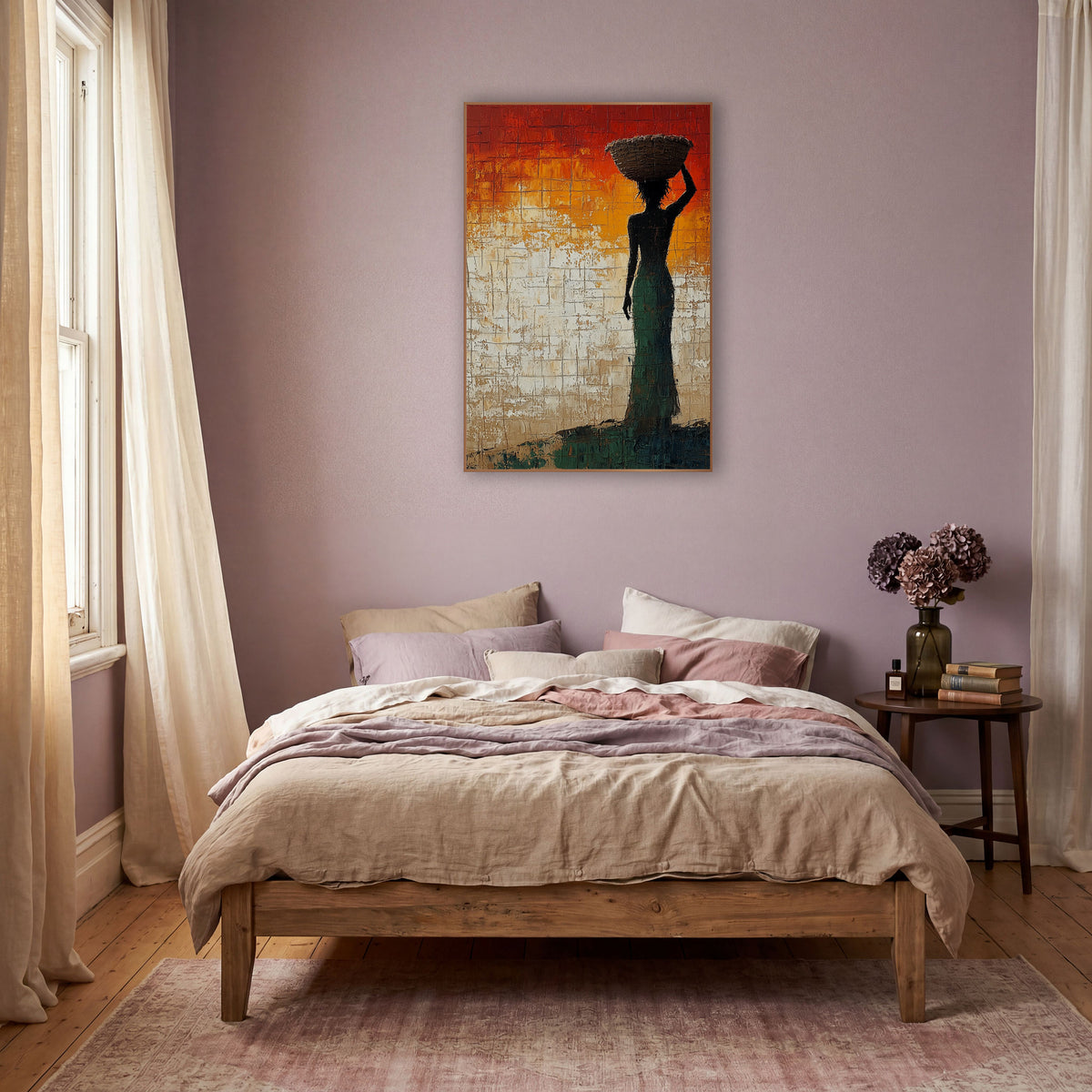Woman With Basket Silhouette Sunset Tones wall art in a warm boho-style room – dark silhouette of a woman in a green