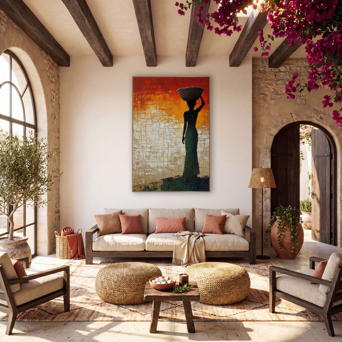 Woman With Basket Silhouette Sunset Tones wall art in a warm boho-style room – dark silhouette of a woman in a green