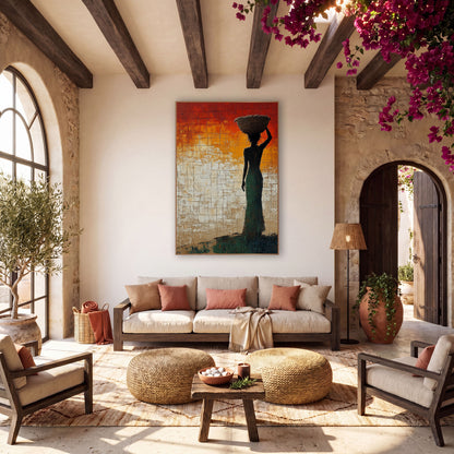 Woman With Basket Silhouette Sunset Tones wall art in a warm boho-style room – dark silhouette of a woman in a green