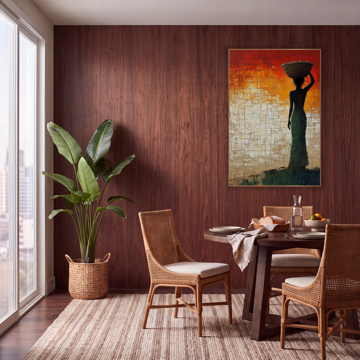 Woman With Basket Silhouette Sunset Tones wall art in a warm boho-style room – dark silhouette of a woman in a green