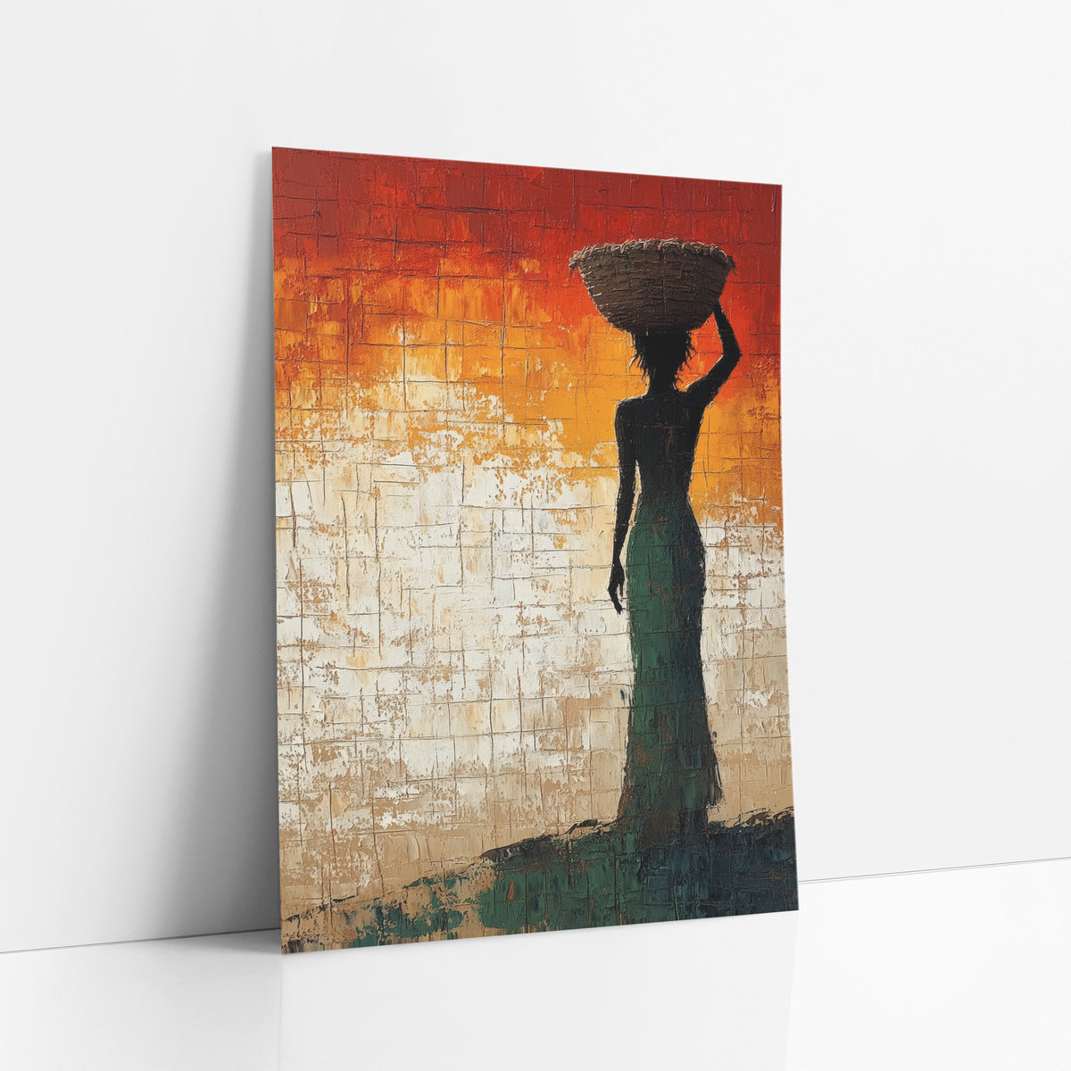 Woman With Basket Silhouette Sunset Tones art print leaning against a white wall – dark silhouette of a woman in a green