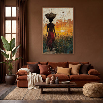 Basket Carrier Silhouette Boho Landscape wall art in a warm boho-style room – silhouette of a woman in a red skirt