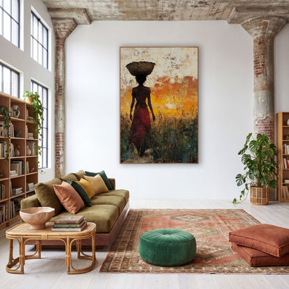 Basket Carrier Silhouette Boho Landscape wall art in a warm boho-style room – silhouette of a woman in a red skirt