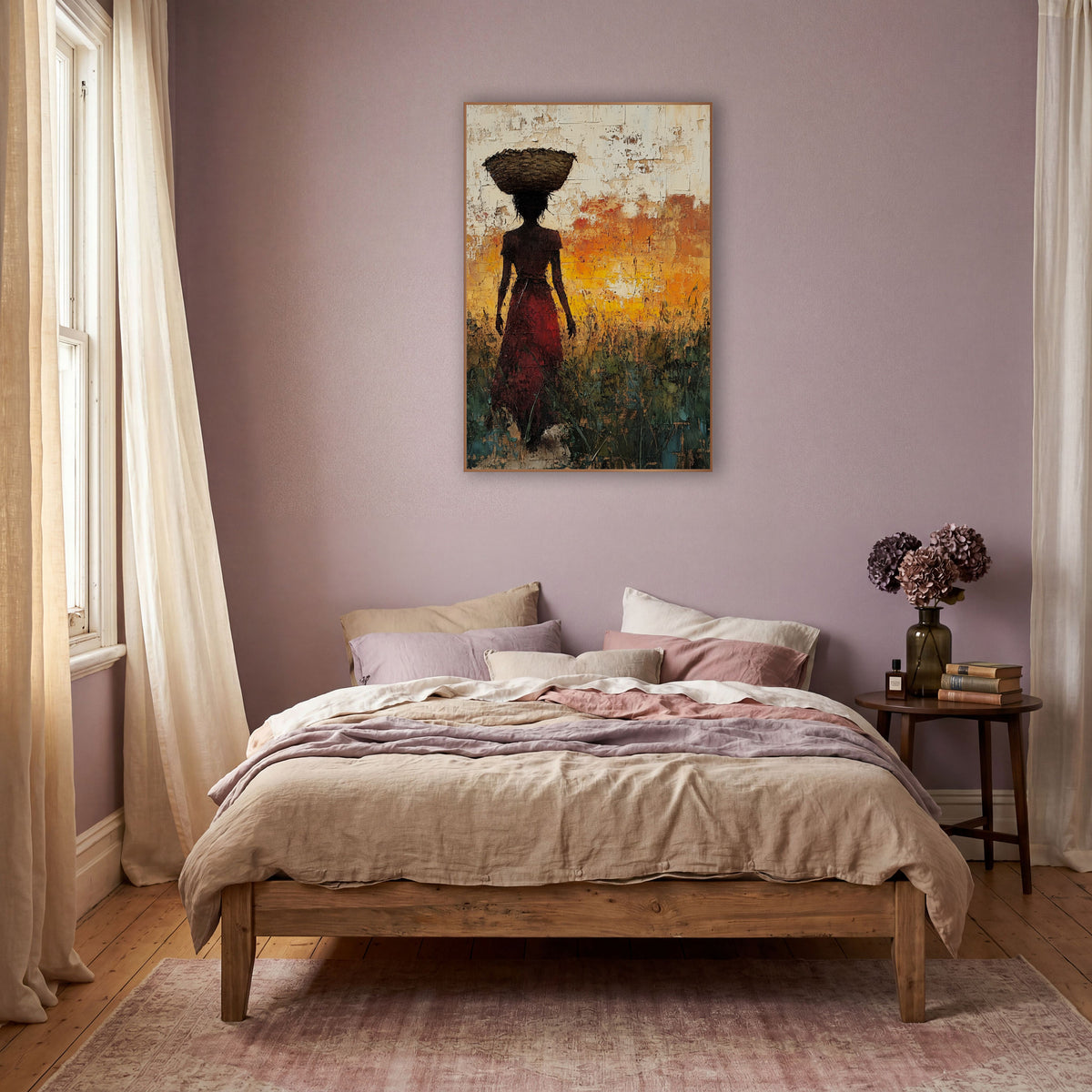 Basket Carrier Silhouette Boho Landscape wall art in a warm boho-style room – silhouette of a woman in a red skirt