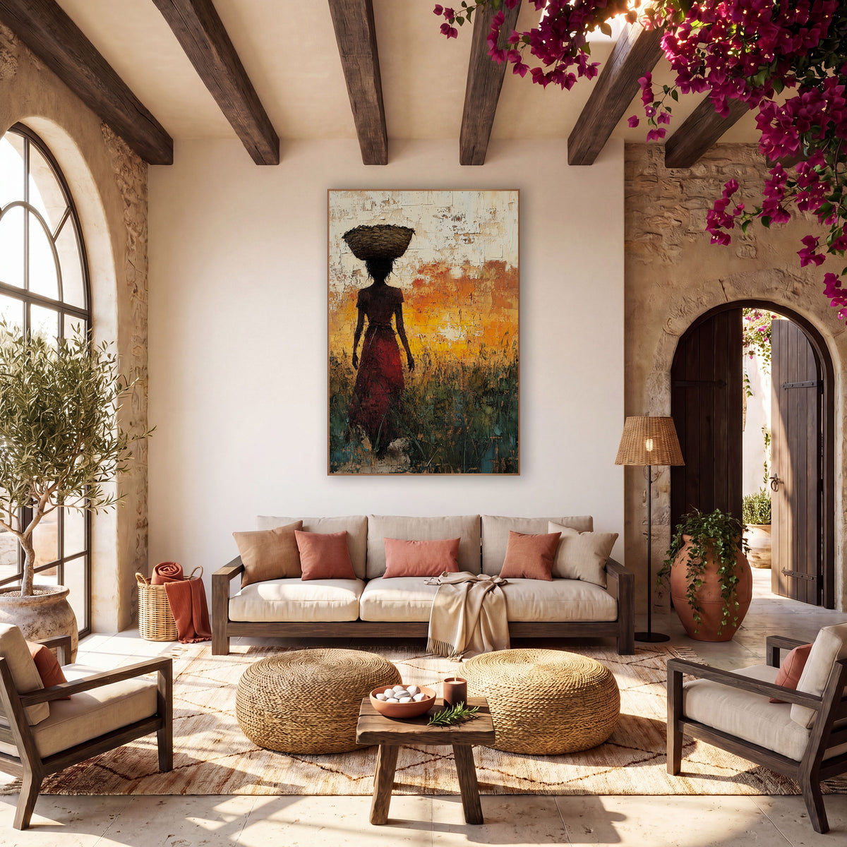 Basket Carrier Silhouette Boho Landscape wall art in a warm boho-style room – silhouette of a woman in a red skirt