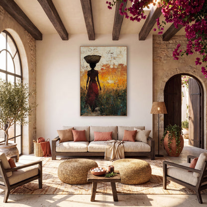 Basket Carrier Silhouette Boho Landscape wall art in a warm boho-style room – silhouette of a woman in a red skirt